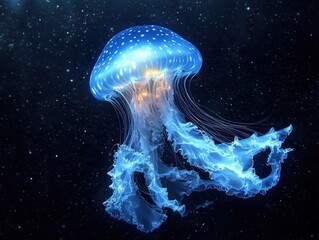 Glowing translucent jellyfish with delicate tentacles floating gracefully in dark ocean water filled with tiny particles