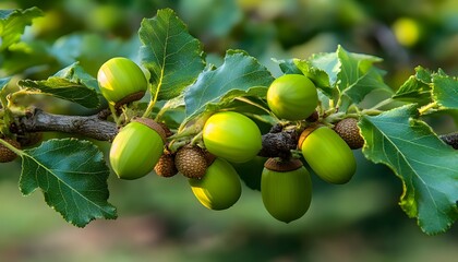Fresh green acorns cluster on a branch.