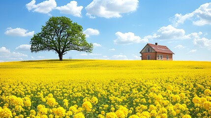 Vibrant Yellow Field with Tree and Old House Under a Bright Blue Sky with Clouds