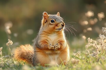 Close-up of a cute squirrel sitting on grass surrounded by small dry plants in soft natural light