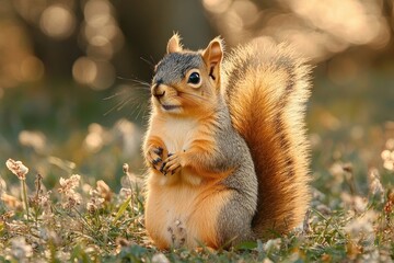 Obraz premium Cute squirrel standing on grass surrounded by small flowers with soft golden sunlight in the background