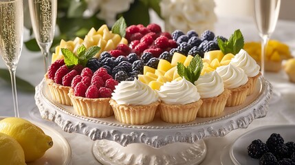 Assorted Fruit Tarts with Berries and Cream on a Cake Stand