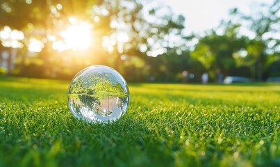Crystal Ball Reflecting Park Landscape On Grass