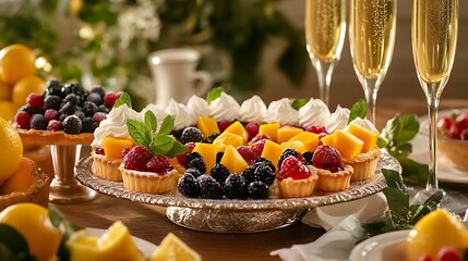 Assorted Fruit Tarts and Champagne Glasses on a Festive Table