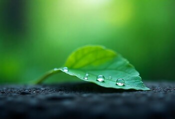 Generative AI Delicate Green Leaf with Sparkling Water Droplets close up