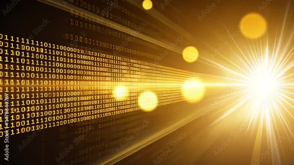 Poster vibrant digital background with illuminated binary code and light rays fusion of technology, innovat