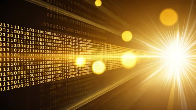 Vibrant Digital Background with Illuminated Binary Code and Light Rays Fusion of Technology, Innovation, and Abstract Golden Hues for Captivating Experience.