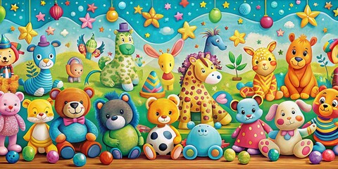 Naklejka premium Adorable Cartoon Animal Toy Panoramic Background for Kids' Products