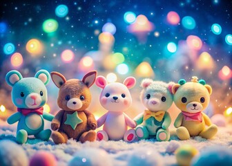 Naklejka premium Adorable Cartoon Animal Toys Low Light Pattern - Cute Nighttime Playful Design