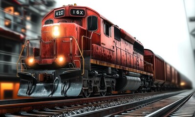 Obraz premium Powerful bright red freight train engine moving on railway tracks through an urban area with illuminated buildings in the background
