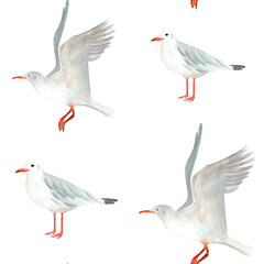 Fototapeta premium Flying and standing seagulls watercolor seamless pattern isolated on white. Hand-drawn clip art for cards, stationary, scrapbooking, wrapping paper, sea tourism products, dishes, fabric decor design