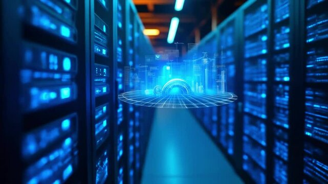 Futuristic data center showcasing glowing servers with holographic displays and digital interfaces - Powered by Adobe