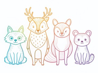 Naklejka premium Adorable Line Art Animals Nursery Wall Art Print - Cute Fox, Bear, Rabbit, Deer & Owl Illustration