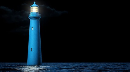 Lighthouse on a Dark Sea: A solitary blue lighthouse stands tall and defiant, casting its guiding light onto a dark, turbulent sea, illuminating the hope for safe passage during the stormy night.