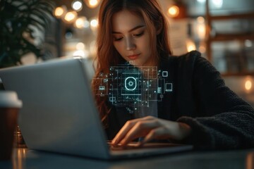 Young woman focused on typing on laptop with digital network hologram overlay in cozy dimly lit room