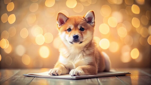 Adorable Shiba Inu Puppy on Paper Journal: Cute Bokeh Effect Stock Photo