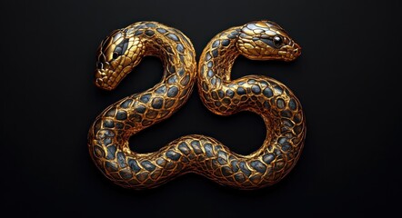 Obraz premium Golden and black patterned snake shaped into the number twenty-five on a black background