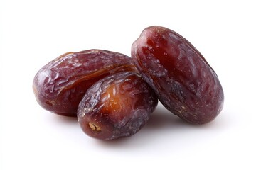 Obraz premium Three ripe dates, rich brown hues, close-up.