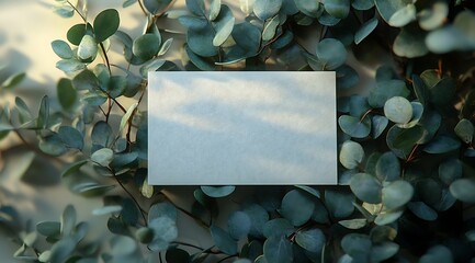 Blank Business Card Mockup Among Lush Green Eucalyptus Leaves with Soft Natural Light and Gentle Shadows

