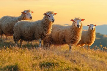 Obraz premium Four sheep standing on a grassy hill at sunset with warm golden light, peaceful and serene countryside scene