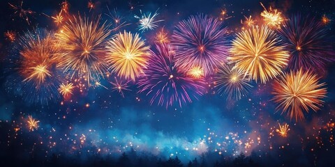 Fototapeta premium Bright multicolored fireworks exploding in the night sky above dark silhouetted trees creating a vibrant festive celebration scene