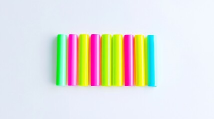 Obraz premium Vibrant array of colorful plastic drinking straws on a white background, offering a cheerful and playful aesthetic