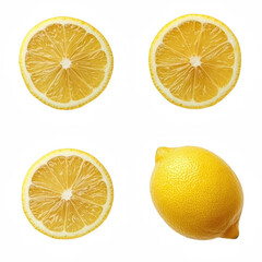 Set of 3 yellow lemon slices and 1 whole lemon isolated PNG with Transparent Background