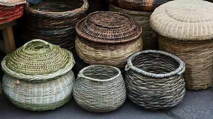 Collection of Rustic Woven Wicker Baskets and Containers