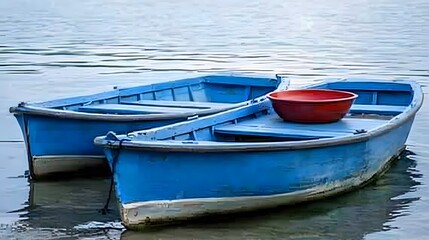Obraz premium Two Blue Wooden Boats on Calm Water