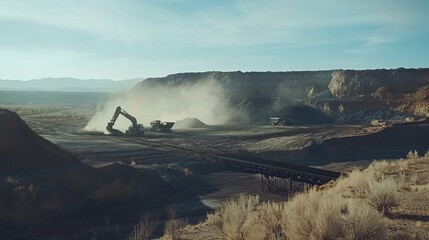 Fototapeta premium Heavy machinery working in a large open pit mine during sunny day