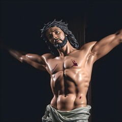 Obraz premium A statue of Jesus Christ on a wooden cross, depicted in a dramatic, dimly lit scene. The statue portrays a male figure, appearing to be in his late twenties, of light complexion. He is wearing a cro