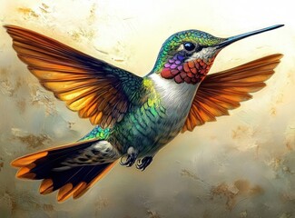 Fototapeta premium vibrant close-up of a hummingbird in mid-flight with outstretched orange and brown wings and iridescent green and red feathers on its body and head