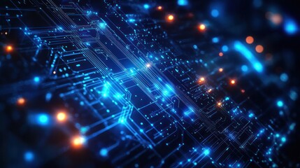 Obraz premium Close-up view of illuminated blue and orange circuitry lines and dots on a dark background conveying digital technology and futuristic data connections