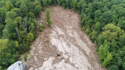 Aerial view of a massive muddy hillside collapse forming a landslide near Michigan State University, with fallen earth, scattered trees, and a large boulder framing the foreground corner.