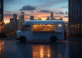 White Food Truck Mockup Parked on City Street at Dusk with Colorful Skyline and Wet Pavement Reflection

