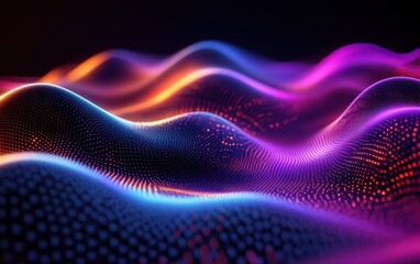 Obraz premium Abstract illuminated digital wave landscape with flowing curves and vibrant colors of blue, purple, pink, and orange dots creating a glowing energy effect