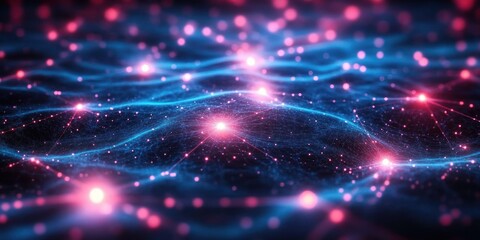 Obraz premium Abstract digital network with glowing nodes and interconnected lines creating a wavy grid pattern in blue and pink colors, evoking a futuristic and dynamic feel