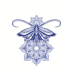 Blue multi-element mandala with butterfly, coloring page