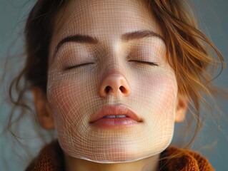 Close-up of a serene woman with eyes closed and a white digital wireframe grid overlay on her face illustrating facial mapping technology