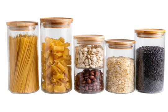 Glass jar set with dry foods like pasta and beans on transparent background