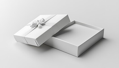 Open White Gift Box Mockup with Ribbon and Bow Showing Empty Interior on Light Gray Background

