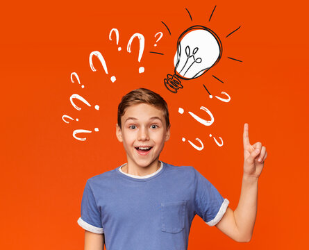 Teenage genius finding brilliant solution to difficult problem, looking happy and pointing at light bulb, collage. Inspired adolescent boy solving hard task, making innovative decision