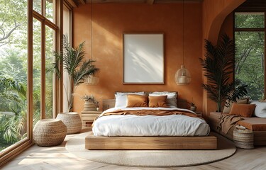 Cozy Modern Bedroom Mockup with Warm Orange Walls Wooden Bed and Large Windows Overlooking Lush Greenery

