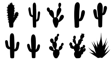 Desert silhouettes: A collection of diverse cactus silhouettes against a stark backdrop, showcasing the unique shapes and forms of these resilient desert plants.