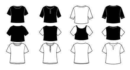 Naklejka premium Diverse T-shirt Collection: A range of stylish T-shirts, displayed in a minimalist and fashionable showcase of garment designs for contemporary wear.