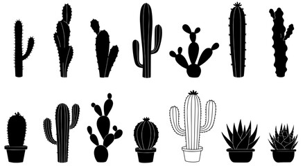 Fototapeta premium Cactus silhouette collection: A meticulously crafted silhouette collection showcases an array of cacti. Displaying the diverse forms and textures of these desert succulents.