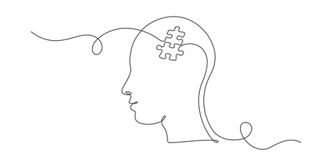 One continuous line drawing of head with puzzle. Mental health and mindfulness psychology concept in simple linear style. Memory concept in editable stroke. Doodle vector illustration