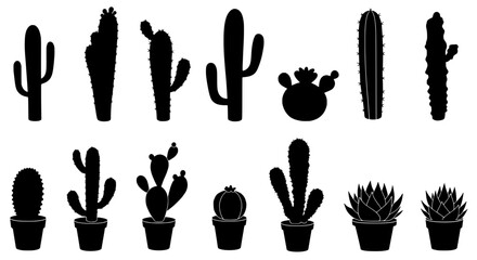 Cactus Collection: A diverse set of cacti silhouettes, both potted and standalone, showcasing various shapes, sizes, and styles, perfect for design projects needing a desert or southwestern aesthetic.