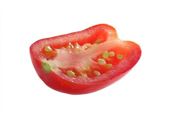 A juicy, red tomato slice, halved, showcasing its seeds and vibrant color.