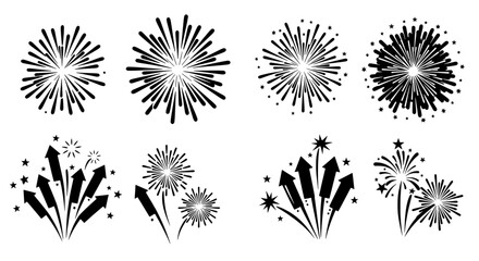 Fireworks Silhouette Collection: A captivating illustration showcasing a mesmerizing collection of dynamic fireworks silhouettes, celebrating the energy of events.